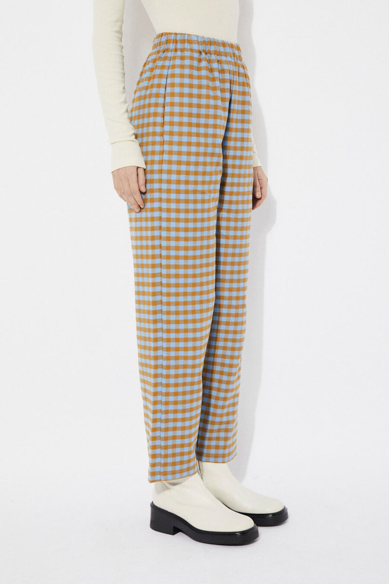 RITA ROW Pomero Long Cotton Pants Blue Check