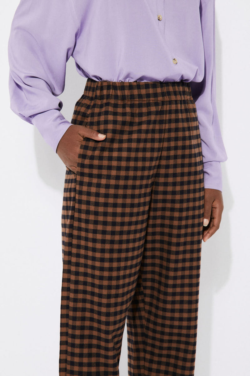 RITA ROW Pomero Long Cotton Pants Brown Check